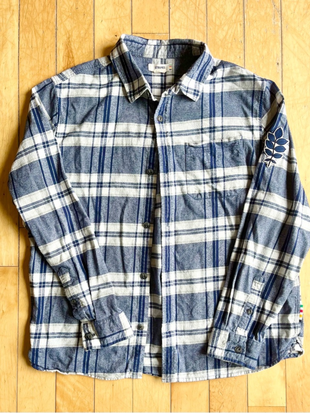 Hudson Bay HBC Stripes Blue Plaid Flannel Embroidered Shirt Size Large